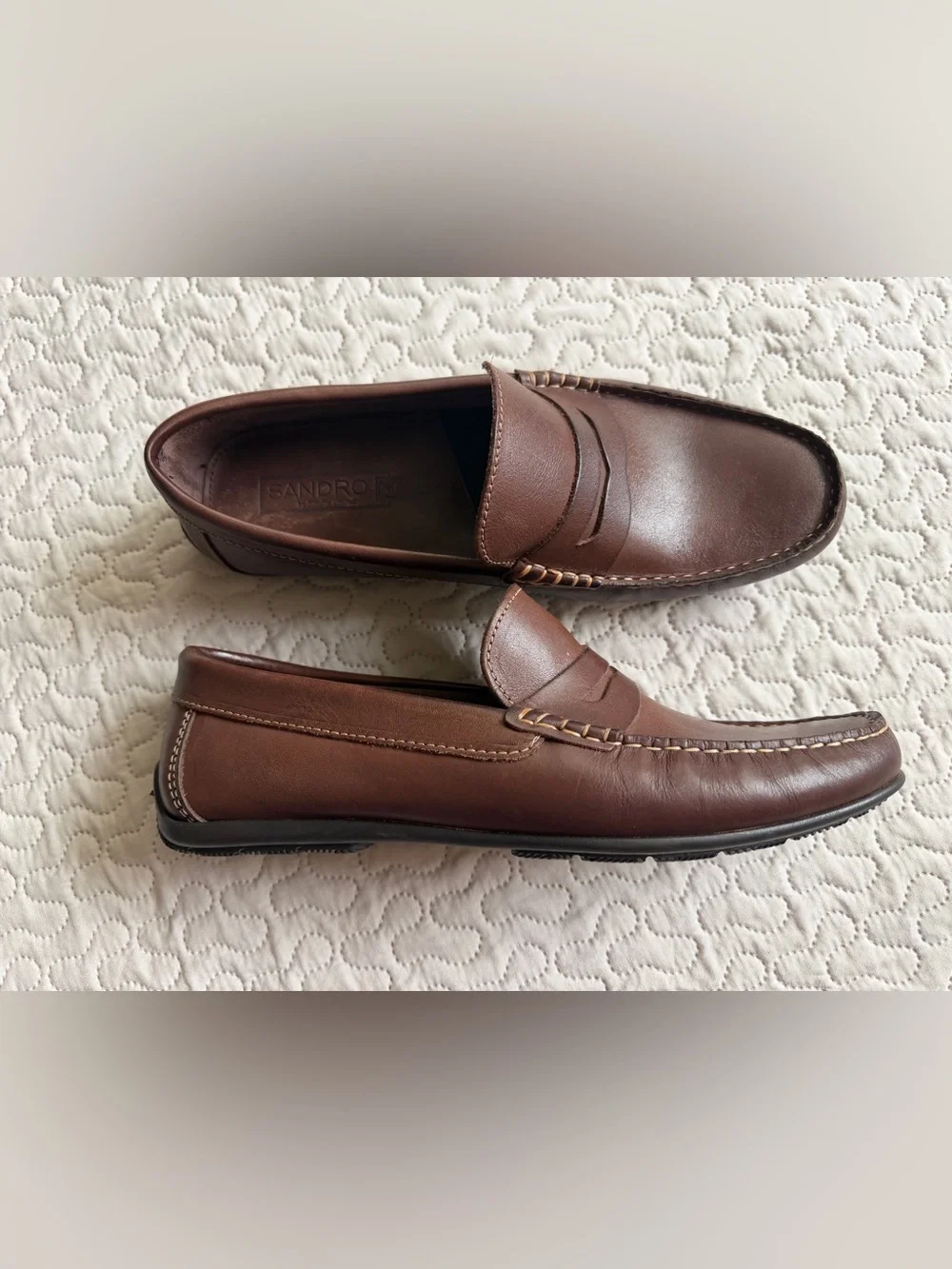 Sandro Men’s Chestnut Brown Leather Penny Loafers w/ Mocassin Stitching Size 10